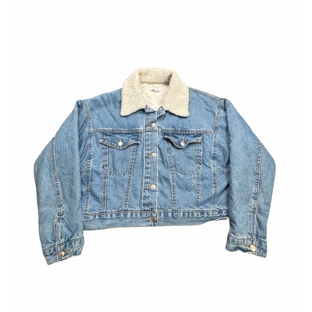 Forever 21 Denim Jacket Womens M Blue Faux Shearling Collar Quilted Trucker Coat